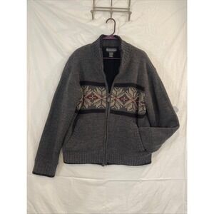 Seventh Avenue Sweater Mens Large Gray Full Zip Fleece Lined‎ Fair Isle Jacket